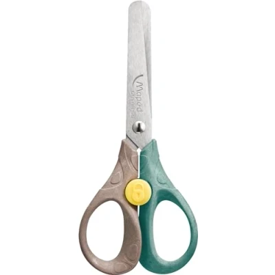 Imagen de Maped Tijeras Security Smiling Planet Responsables para Niños Botón de bloqueo Anillos 50% Fibra Madera Certificado FSC Ergonomía 3D Hoja 13 cm acero inoxidable, puntas