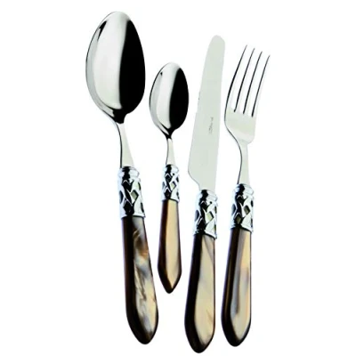 Imagen de BUGATTI, Aladdin, Cubertería de 24 piezas en acero inoxidable 18/10, aro cromado y mango negro con efecto nácar. para 6 personas: cucharas, tenedores, cuchillos cucharas café