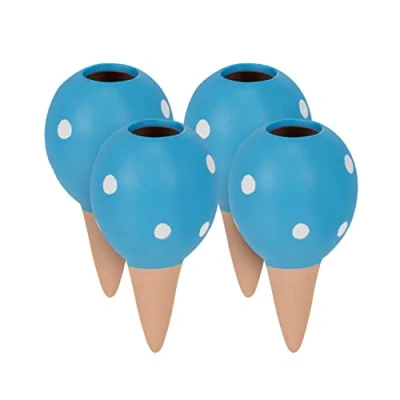 Imagen de Relaxdays 4 Picos Riego Macetas Diseño Lunares, 100 ml, Globos Autorriego Plantas Interior y Exterior, Azul Terracota, Cerámica