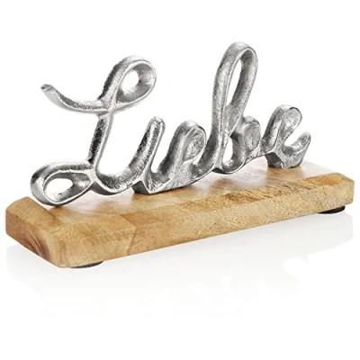 Imagen de com four® Pedestal Deco Liebe Letras de Aluminio niquelado sobre una Base Madera Mango Decorativas para Poner (Color Plata Liebe)