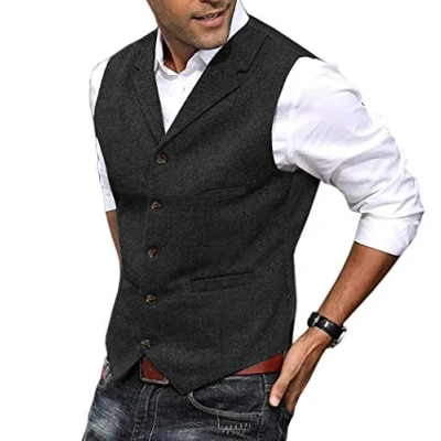 Imagen de HSLS Chaleco para hombre de traje tweed lana suave informal espiga padrino boda Mejor hombre(L, Negro)