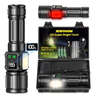 Imagen de NIWOHOM Linternas LED Alta Potencia, Linterna Recargable 500000 Lúmenes Potente, Tactica Policial IPX67 Impermeable 9 Modos Portátil para Emergencia Camping Senderismo
