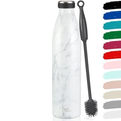 Imagen de Milu botella de acero inoxidable 350ml 500ml 750ml 1 L 1,5 agua aislada, aislante a prueba fugas, doble pared, apta para ácido carbónico + cepillo limpieza (Mármol, L)
