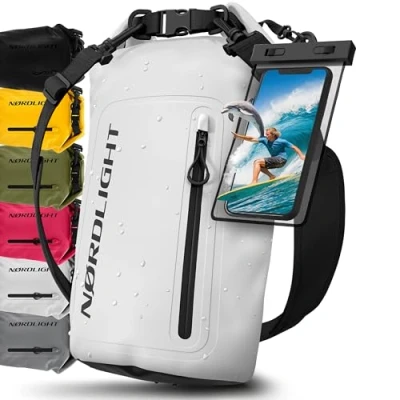 Imagen de Nordlight Bolsa Estanca Impermeable + Funda para Móvil, Cierre Enrollable, Correa Hombro Drybag Mochila Saco Estanco de Transporte Náutica Playa Sup Blanco, 30 litros