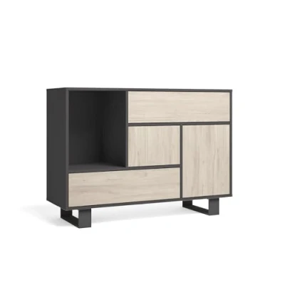 Imagen de Skraut Home Buffet para Comedor 120 x 40 86 cm Modelo Wind 1 Puerta, 3 Cajones Melamina Resistente Acabado Color Gris Anthracita/Roble