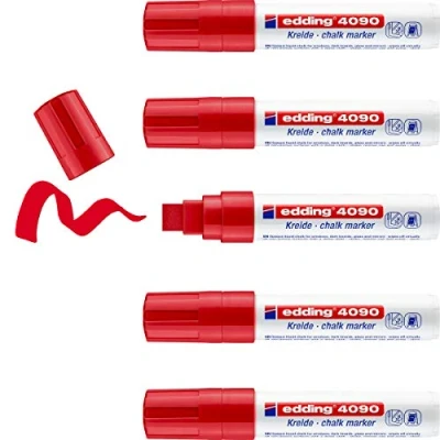 Imagen de edding 4090 marcador de tiza rojo 5 rotuladores punta biselada 4 15 mm para cristal borrables pizarras, vidrio y espejos líquida cobertura opaca