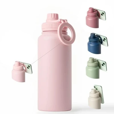 Imagen de Botella de agua con aro magnetico para el movil y antiderrame. acero inoxidable 1L BPA free que mantiene frio o calor. termica gym u oficina. (Baby Pink)