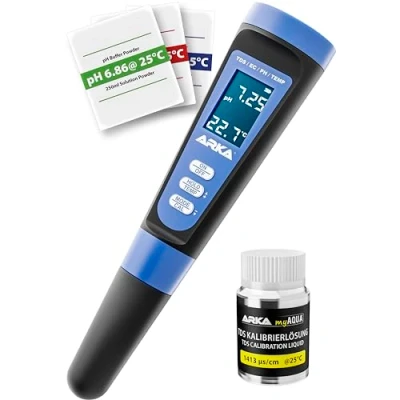 Imagen de ARKA myAQUA medidor de pH/TDS/EC la Calidad del Agua para pH, TDS, EC y Temperatura, Incl. solución calibración, Ideal acuarios, Piscinas, estanques Potable