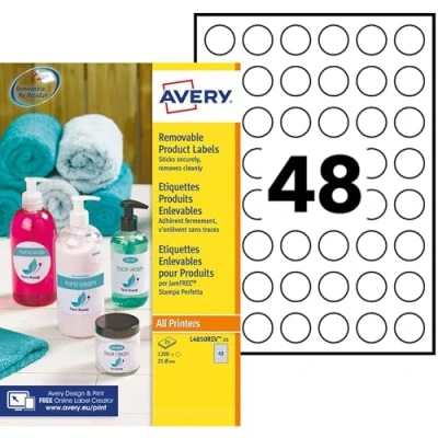 Imagen de Avery España L4851REV 25, etiquetas de sello blancas adhesivas despegables, redondas 37 mm, Caja 600