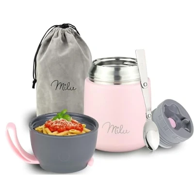 Imagen de Milu Termo para Comida 300ml, 440ml, 450ml, 650ml, 800ml Taza Aislada, Botella de Acero Inoxidable Aislada Alimentos, Beber y sopa los niños adultos A prueba fugas Térmico (450ml/Rosa)
