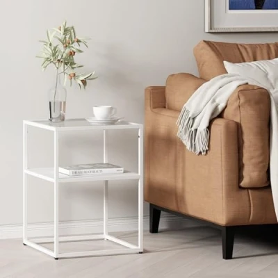 Imagen de [en.casa] Mesa Multifuncional Diseño Industrial Cuadrada Auxiliar con Estante Adicional Mesilla de Noche Estable Tablero Cristal Templado Acero 55x40x40 cm Blanco Mate