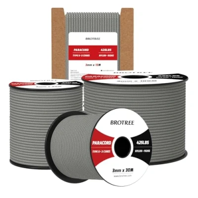 Imagen de Brotree Paracord 3mm 50M Cuerda 100% Nylon Tipo II 3 Hebras 425 para Exterior, Bricolaje 192 kg Carga de Rotura (Gris Carbón)