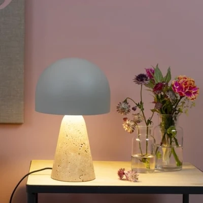Imagen de Lightbox Pilz Tischlampe mit Wipp Schalter &amp; Basis aus hochwertigen Travertine Stein 31 cm Höhe 20 Durchmesser Deko Tischleuchte E14 Fassung Wohnzimmer Lampe in Hell bis Dunkel Beige