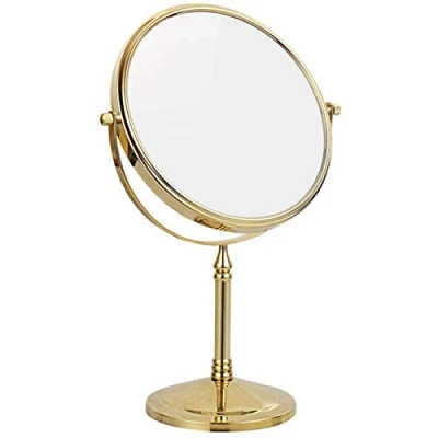 Imagen de Espejos de maquillaje para encimera, espejo aumento latón doble cara 8 pulgadas, giratorio mesa 360 afeitar tocador cosmético, dorado, 3X