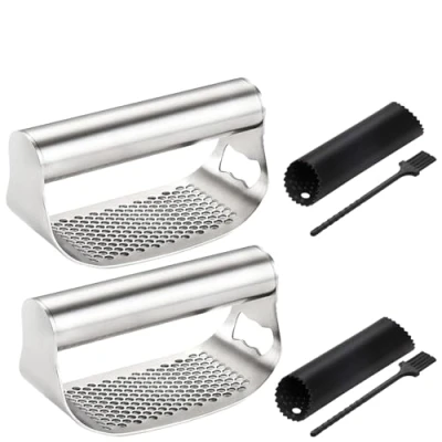 Imagen de Mino Plus Prensa de ajos,prensa ajos acero inoxidable,prensa balancín,garlic press,picador manual acero,Pelador silicona y cepillo para limpieza (2 pieza)