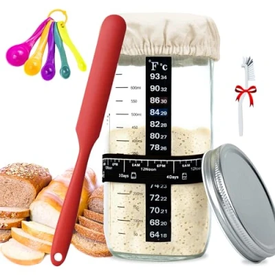 Imagen de xyuayamz Masa Madre Sourdough Starter Jar Kit, 730ml Juego de Fermentación con Termómetro, Raspador, Metal para Hornear Madre, Reutilizable Suministros en Casa