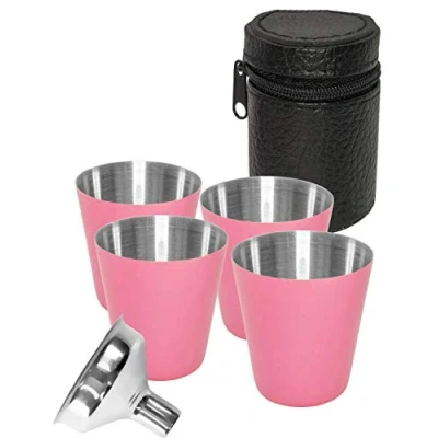 Imagen de Outdoor Saxx® Juego de vasos acero inoxidable, 4 chupito metal, con funda piel y embudo relleno, color rosa
