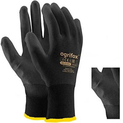 Imagen de Ogrifox AJS LTD® Guantes de trabajo nailon con revestimiento poliuretano negro para jardinería, trabajos y reparaciones automóviles, color