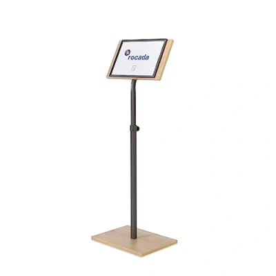 Imagen de ROCADA Soporte para Información DIN A4 Atril carteles Expositor premium Estructura metálica sistema de sujeción magnético ajustable en altura acabados madera