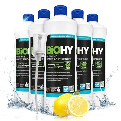 Imagen de BiOHY Limpia cristales y superficies (6 botellas de 1 litro) + Dosificador Concentrado para uso aparatos suelos duros Olor agradable limpieza sin rayas (Oberflächenreiniger)