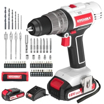Imagen de HYCHIKA Taladro Percutor a Batería 18 V, Inalámbrico con de 2,0 AH, Impacto máx 45 Nm, 2 velocidades, Par 21+3, 55 Accesorios, luz trabajo LED