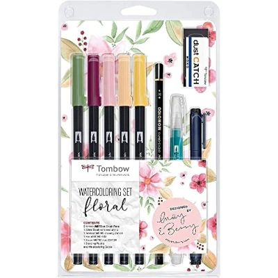 Imagen de Tombow Set Lettering &quot;Floral&quot; de Dibujo Acuarela con Pincel Agua, Lápiz, Goma Borrar, Paleta Lavable y Rotuladores en Tonos Florales