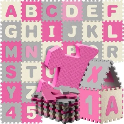 Imagen de Spielwerk® Alfombra Puzzle XXL Bebé Niños 86 Piezas Letras Números 3,3m² Juego Infantil Gomaespuma Rosa