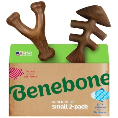 Imagen de Benebone Paquete de 2 Juguetes masticables indestructibles Espina Pescado/Espina Deseo, Larga duración, para Romper el aburrimiento Perros, Sabor Real a salmón y Tocino Real,