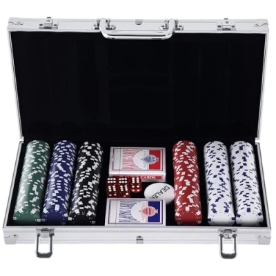 Imagen de HOMCOM Maletín de Poker Profesional Aluminio con 300 Fichas Juego Set Casino 5 Dados 2 Barajas Cartas y 1 Ficha Crupier 38x20,5x6,5 cm Multicolor
