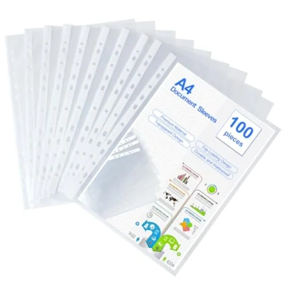 Imagen de 100 Fundas transparentes A4 Archivador de plástico PP ideales para almacenar y proteger papel,documentos archivos en escuelas,hogares oficinas(30.5 * 23.5cm)