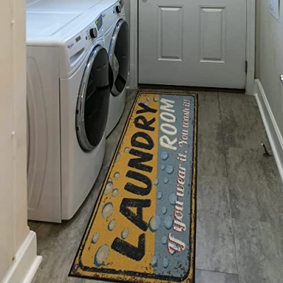 Imagen de Ottomanson Laundry Alfombra rectangular, base de goma, diseño pompas, 50 x 150 cm, color amarillo y gris