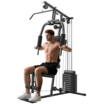 Imagen de HOMCOM Multiestación Máquina de Musculación con Estribo para Piernas Placas Peso 45 kg Carga MAX. 110 Entrenamiento Fitness en Hogar Gimnasio 135x103x200 cm Negro