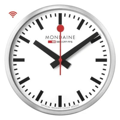 Imagen de Mondaine Official Swiss Railways WiFi stop2go Reloj de pared 25 cm, movimiento cuarzo inteligente, diseño minimalista, segundero rojo, indicador temperatura ambiente Bluetooth, plata