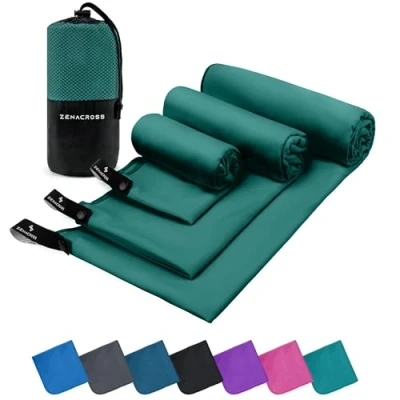 Imagen de ZENACROSS Toalla Gimnasio Juego de 3 con Bolsa Transporte Microfibra Secado Rápido y Versátil Toallas Tallas XS, S, M Verde Petróleo