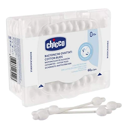 Imagen de Chicco 00010440000000 Bastoncillos de algodón con sistema protección timpánico, suaves y flexibles, ideal bebés niños adultos, 60 unidades bastoncillos, color blanco, unisex