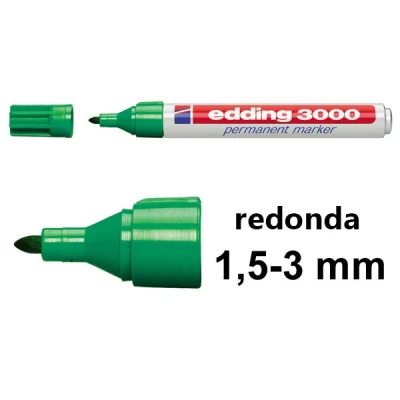 Imagen de edding 3000 marcador permanente verde 10 rotuladores punta redonda 1,5 3 mm indeleble de secado rápido resistente al agua y a los borrones cartón, plástico, madera, metal, tela universal