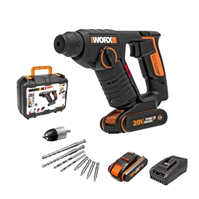 Imagen de WORX WX394.6 H3 Martillo sds plus 20V Función de taladro Incluye 2 baterías 2Ah, cargador y maletín 3 Funciones Ligero compacto Ideal para taladros en el techo
