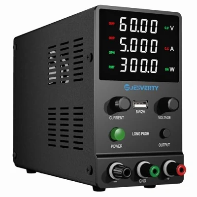 Imagen de Fuente de alimentación CC variable, 0 60V 5A banco ajustable con perilla codificadora, control salida, pantalla LED 4 dígitos alta precisión, puerto USB 5V/2A