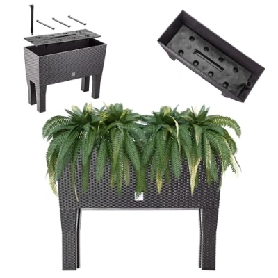 Imagen de KADAX macetero con patas, bancal de plástico en 2 tamaños, jardinera diseño ratán, para jardín, balcón, terraza, macetero, hierbas (80 cm/marrón oscuro)