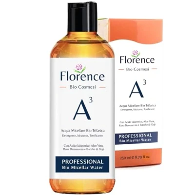 Imagen de 250 ml Agua Micelar Bio Florence A3 Trifásica Desmaquillante Limpiadora, Hidratante y Tonificante Con Ácido Hialurónico, de Rosa Damascena, Aloe Vera, Aceite Oliva, Extracto Bayas Goji.