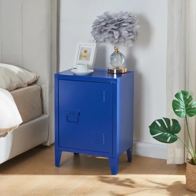 Imagen de [en.casa] Mesa de Noche Inari con Cerradura Magnética Auxiliar 2 Compartimientos para Salón Oficina Baño Ventilación Óptima 57 x 40 30 cm Acero Azul