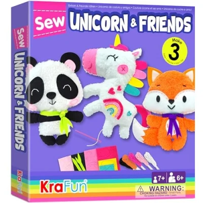 Imagen de KRAFUN Kit de costura animales para principiantes unicornio niños 7 a 13 años My First Art &amp; Craft, incluye 3 muñecos peluche, panda, zorro, instrucciones