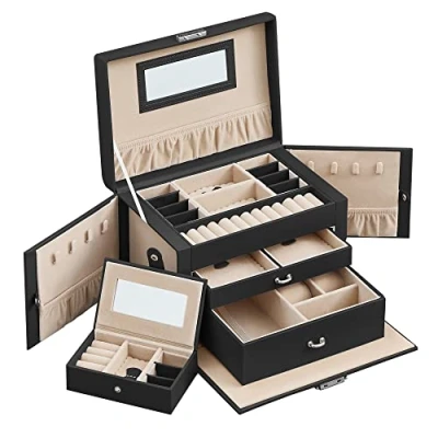 Imagen de SONGMICS Caja Joyero de 3 Niveles, para Joyas con 2 Cajones, Mini Portátil Viajar, Asa, Cerradura, Joyas, Idea Regalo, PU Negro Tinta, Forro Beige Arena JBC121B