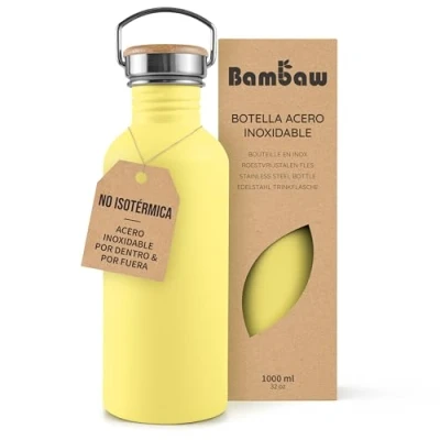 Imagen de Bambaw Botella agua acero inoxidable 1 litro No Térmica, de amarilla, gimnasio, Cantimplora inoxidable, reutilizable Amarillo girasol