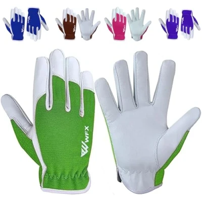 Imagen de WFX guantes de trabajo cuero para jardinería, transpirables, a prueba espinas, construcción palmas, jardinería resistentes, mujer y hombre, utilidad (Verde, L)