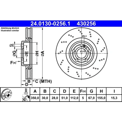 Imagen de ATE 24.0130 0256.1 Disco de freno 350,0 30,0 5 112,0 perforado/ventil. int. revestido altamente carbonizado con tornillos MERCEDES BENZ: Clase A