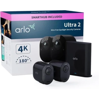 Imagen de Arlo Ultra 2 Camara de Vigilancia WiFi Exterior 4K, Interior, Sensor Movimiento, Alarmas Para Casa, Visión Nocturna Color, Prueba Secure Incluida , Cámaras, Negras