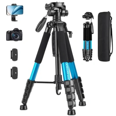 Imagen de JOILCAN 187cm Trípode Ligero Cámara, Aluminio, para Canon Nikon Sony con Cabezal Giratorio Desmontable de 3 vía, Soprtre Teléfono Movil, Bolsa Transporte, Carga hasta 5kg (Azul)