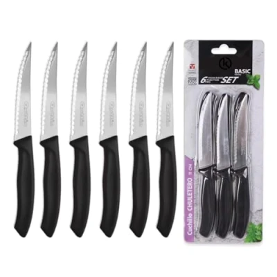 Imagen de KROWN Set de 6 Cuchillos, Pack Cuchillos Bistec Sierra Uso Diario. Juego Carne. Mango Negro Resistente y Duradero. Cuchillo Apto para Mesa Carne, Chuleteros, Cocina.