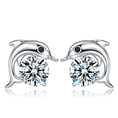 Imagen de Crystalline Azuria Mujer 18ct Chapado en Oro Blanco Delfines Cristales de Zirconia Pendientes tuerca para y Niña